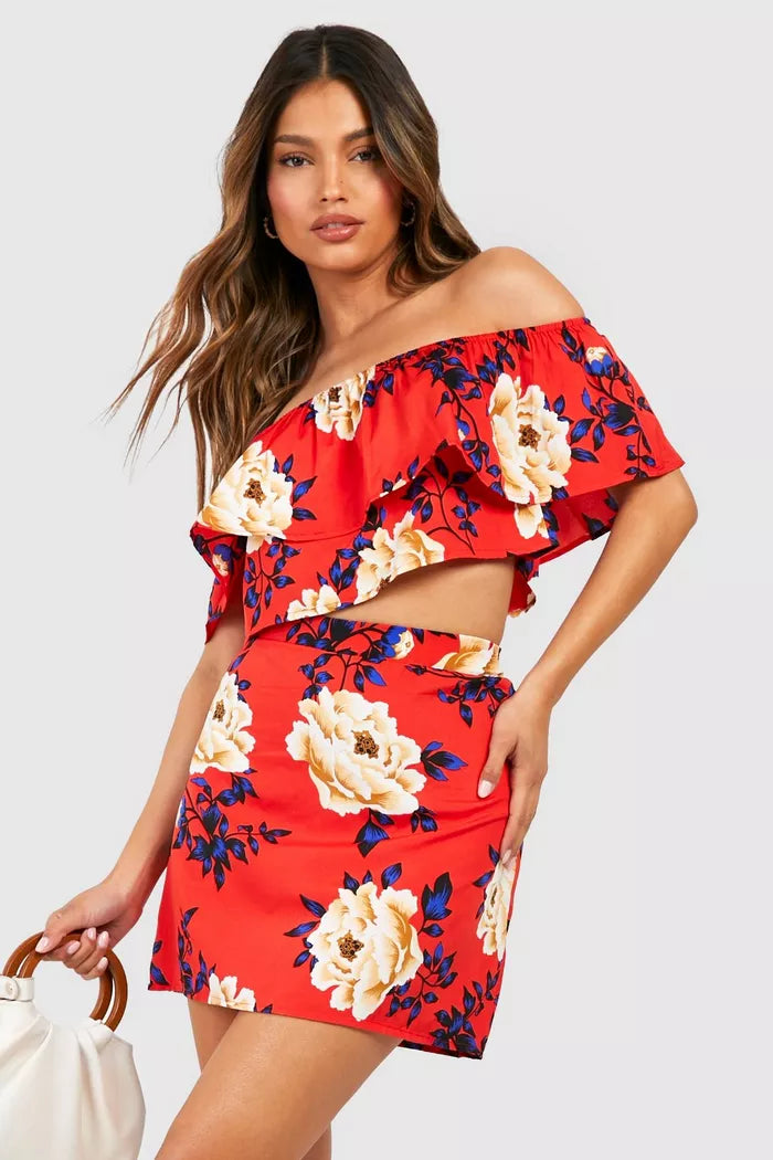 Floral Ruffle Top and Skirt Set