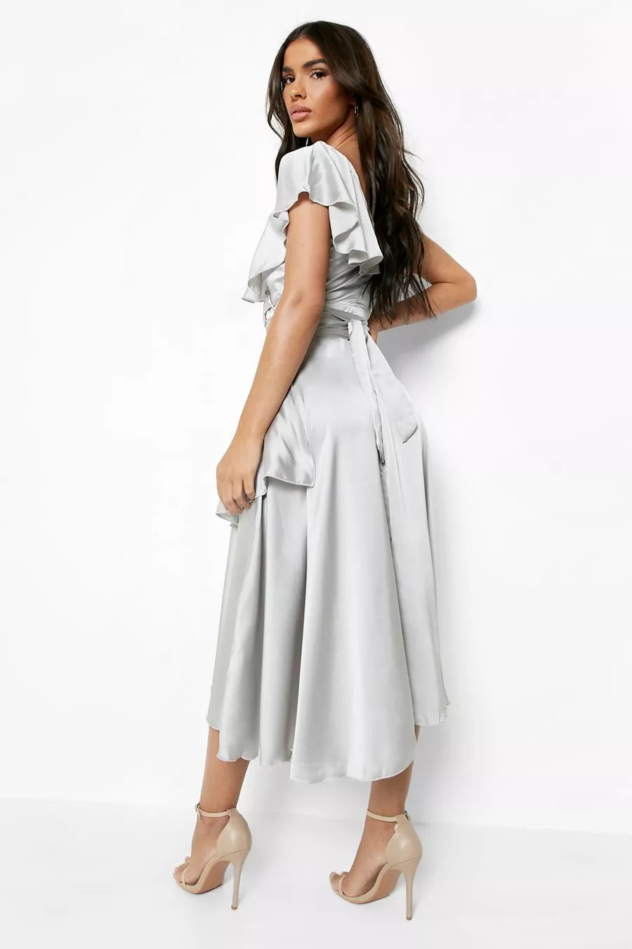 Satin Ruffle Wrap Midi Dress