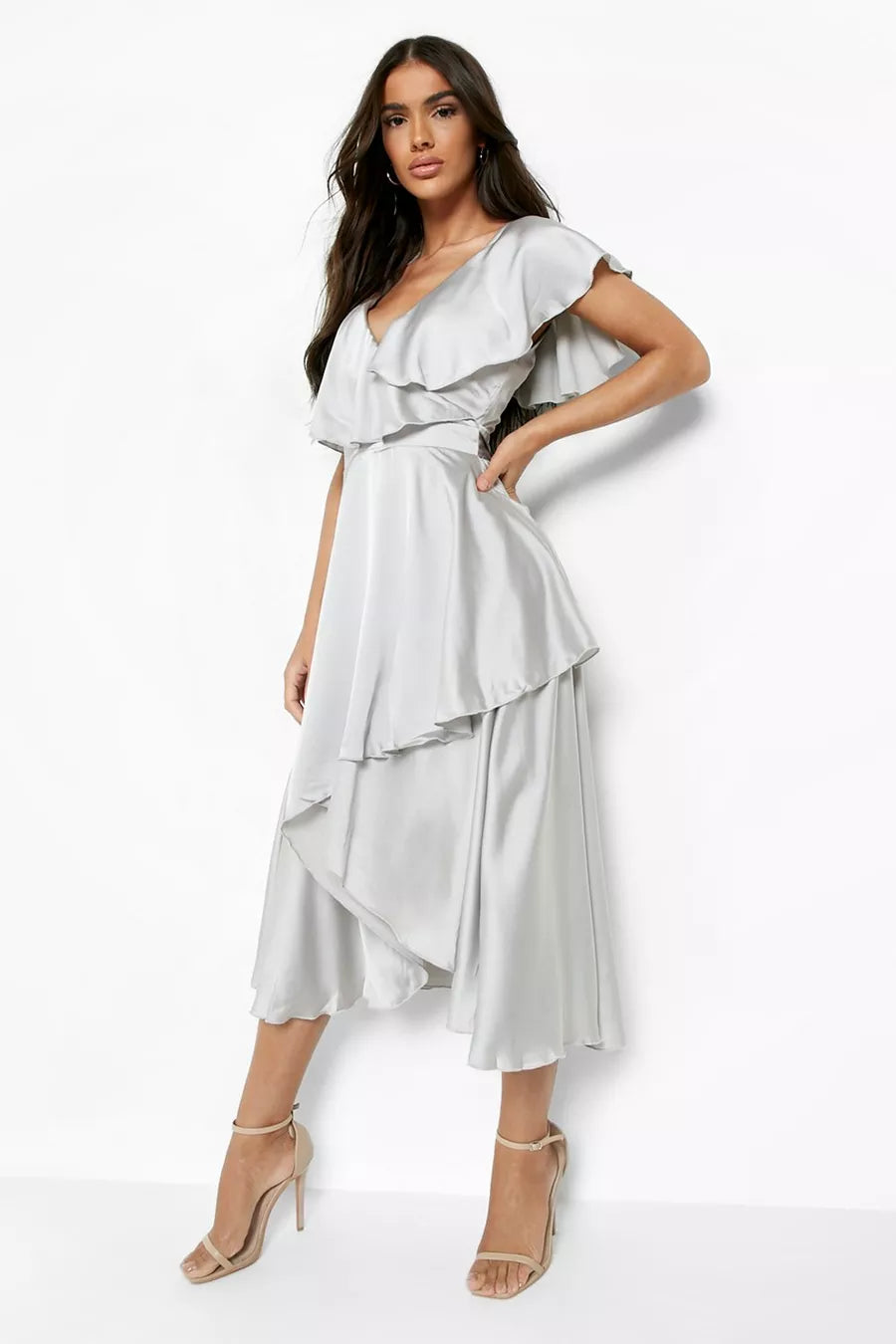 Satin Ruffle Wrap Midi Dress