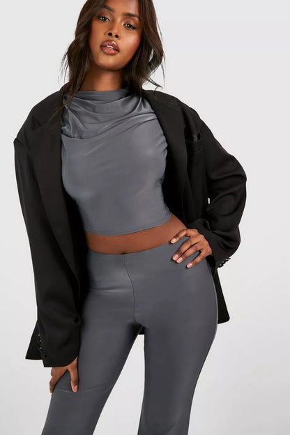 Slinky Short Sleeve Top & Flared Trouser Charcoal