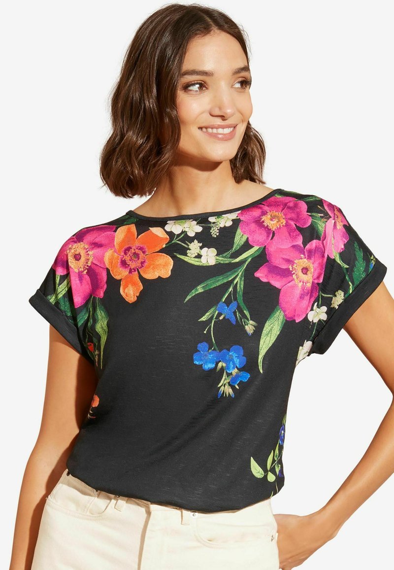 CREW NECK - Print T-shirt - black floral print
