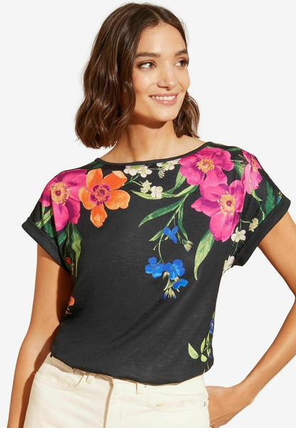 CREW NECK - Print T-shirt - black floral print