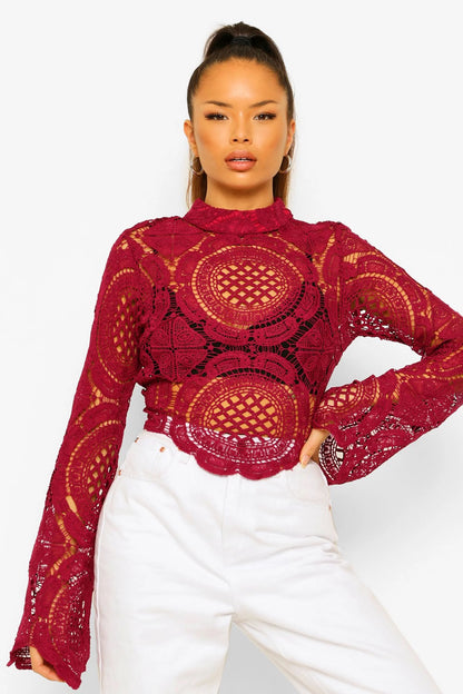 High Neck Crotchet Longsleeve Blouse