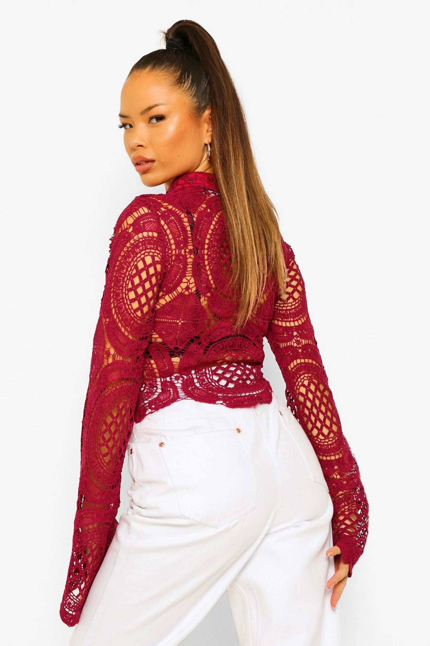 High Neck Crotchet Longsleeve Blouse