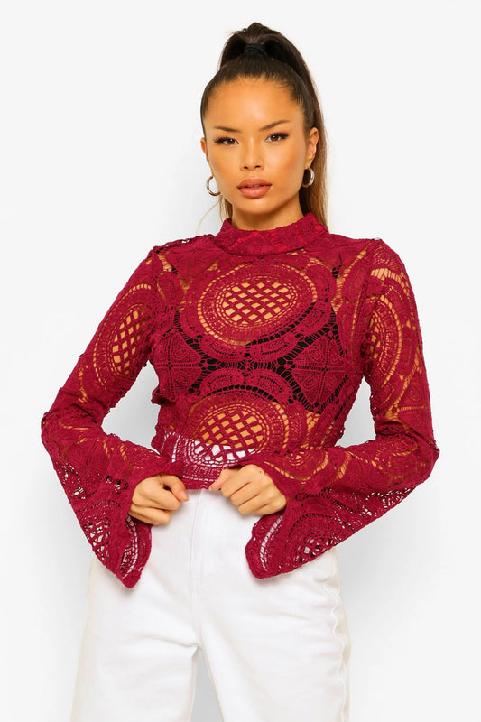 High Neck Crotchet Longsleeve Blouse