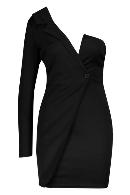 Asymmetric One Shoulder Tailored Blazer Midi Dress