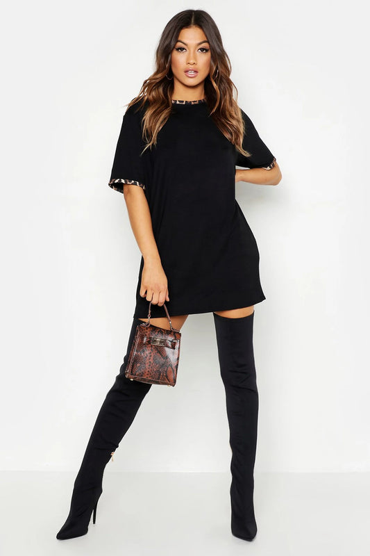 Leopard Print Contrast Trim T-Shirt Dress