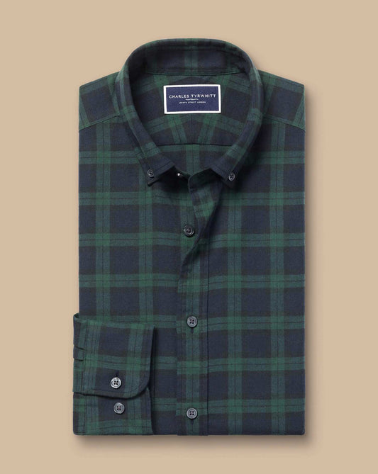 Button-Down Collar Brushed Flannel Slim Fit Shirt - Navy