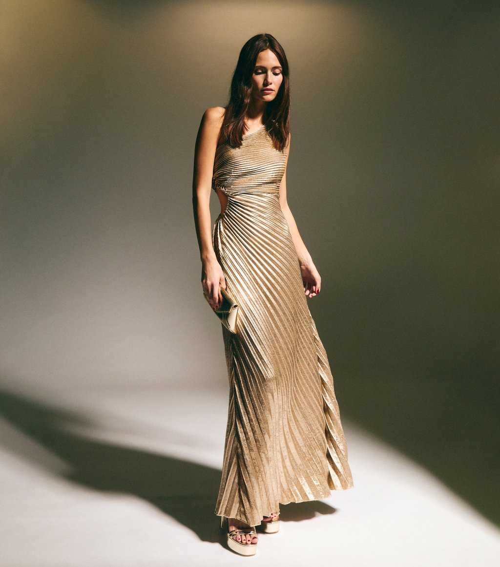 Gold Metallic Foll Pleated One Shoulder Maxi Dress