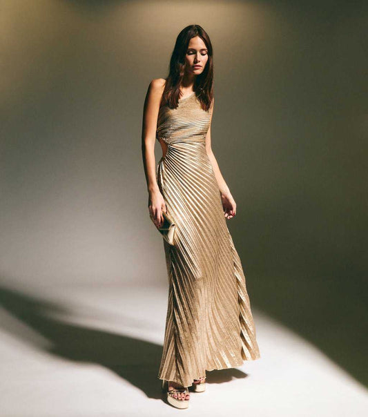 Gold Metallic Foll Pleated One Shoulder Maxi Dress