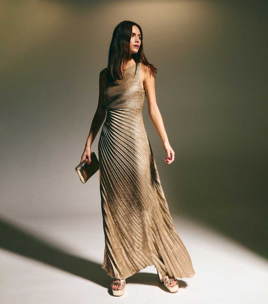 Gold Metallic Foll Pleated One Shoulder Maxi Dress