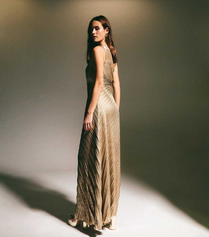 Gold Metallic Foll Pleated One Shoulder Maxi Dress