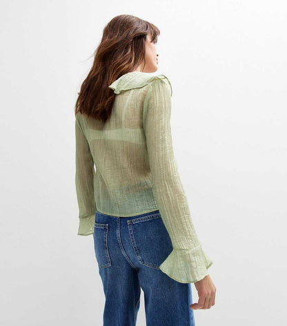 Green Ruffled Tie Neck Blouse