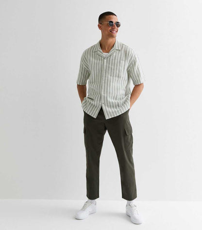 Green Stripe Textured Cotton Short Sleeve Shirt