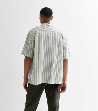 Green Stripe Textured Cotton Short Sleeve Shirt