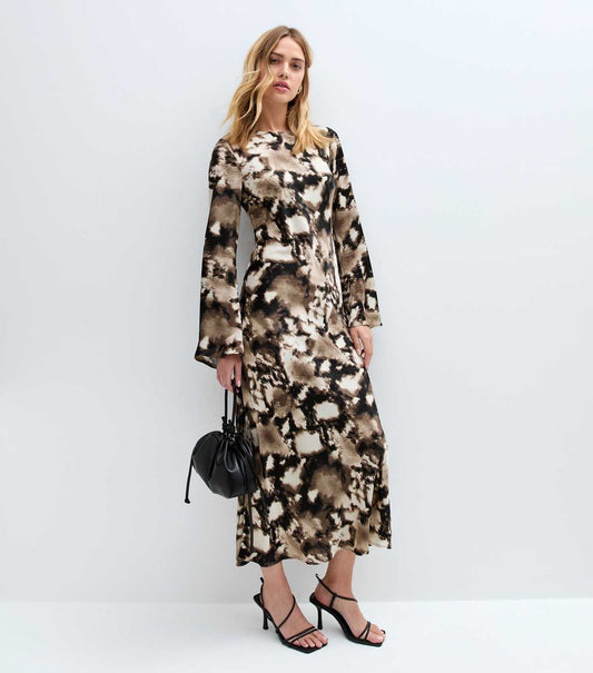 Grey Animal Print Satin Midi Dress