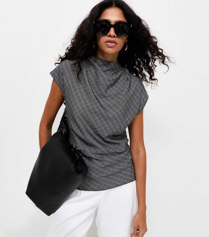 Woven Check Pattern Cowl Neck Cap Sleeve Top