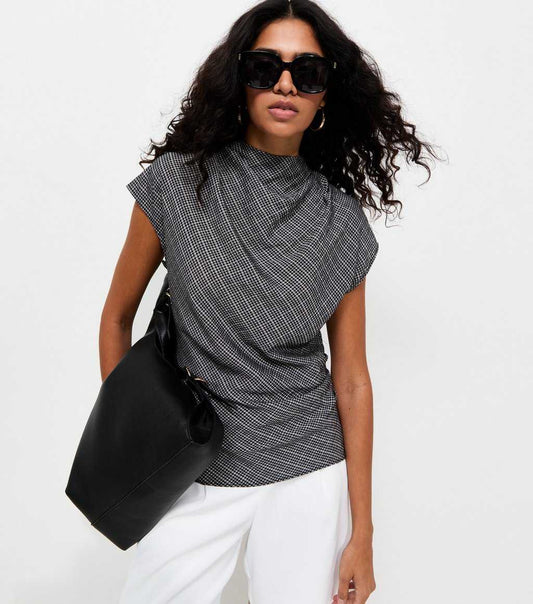 Woven Check Pattern Cowl Neck Cap Sleeve Top