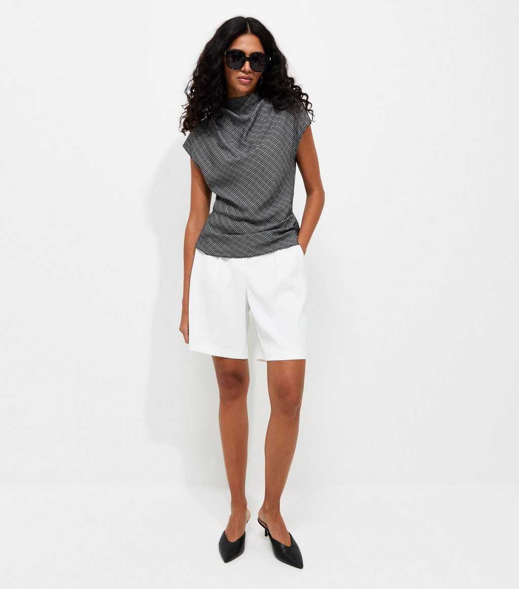 Woven Check Pattern Cowl Neck Cap Sleeve Top