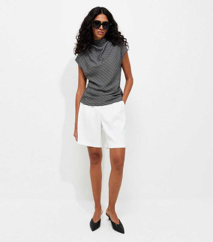 Woven Check Pattern Cowl Neck Cap Sleeve Top