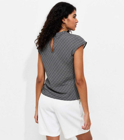 Woven Check Pattern Cowl Neck Cap Sleeve Top