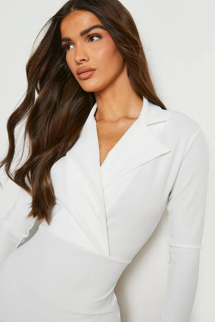 Long Sleeved Wrap Tailored Midi Dress Ivory