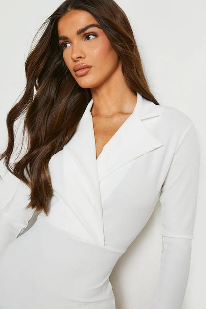 Long Sleeved Wrap Tailored Midi Dress Ivory