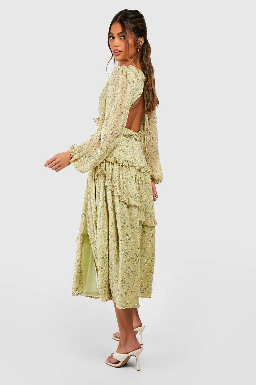 Floral Chiffon Plunge Ruffle Midi Dress