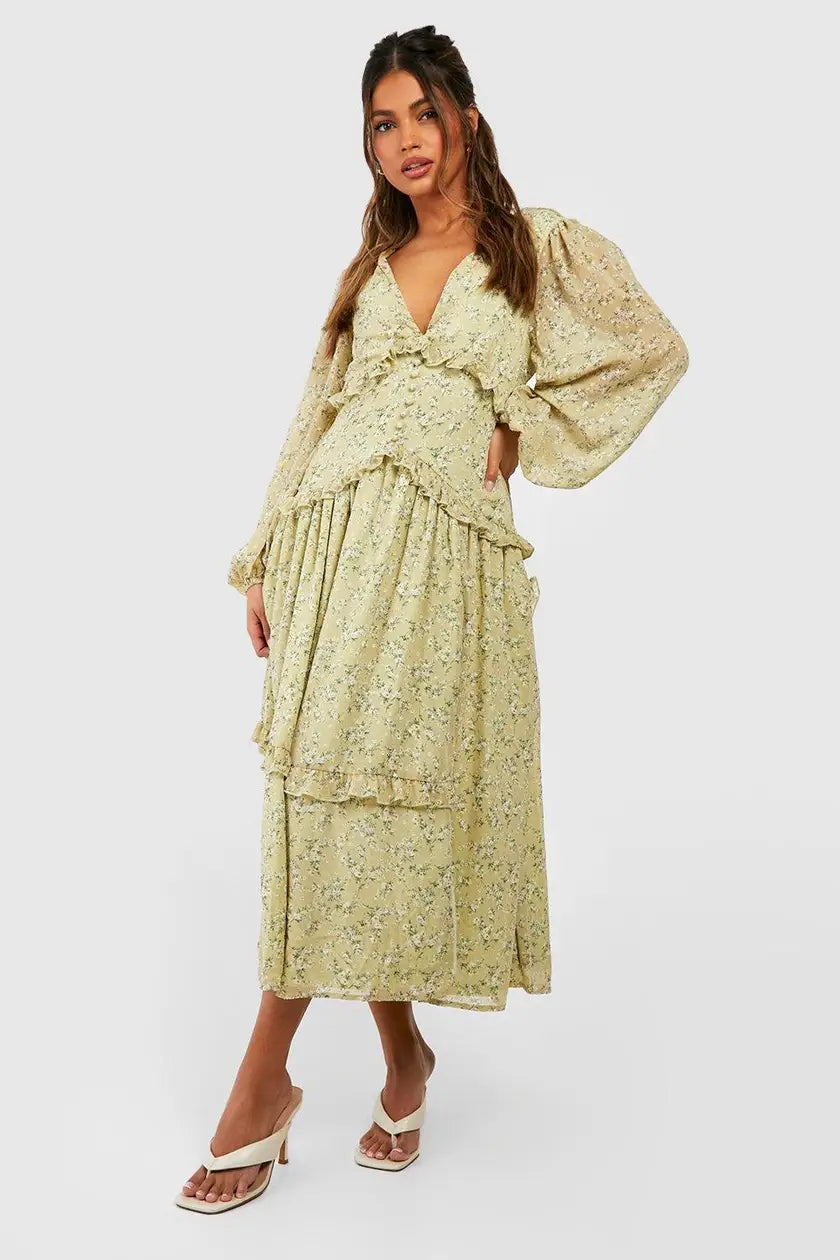 Floral Chiffon Plunge Ruffle Midi Dress