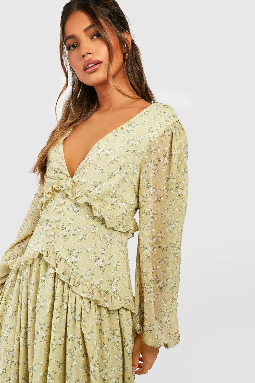 Floral Chiffon Plunge Ruffle Midi Dress
