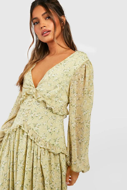 Floral Chiffon Plunge Ruffle Midi Dress