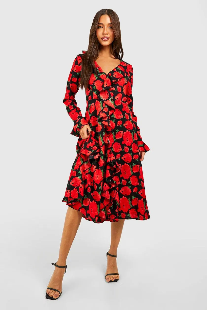 Rose Print Ruffle Midi Smock Dress