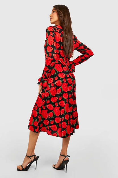 Rose Print Ruffle Midi Smock Dress