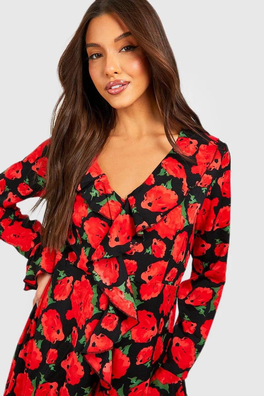 Rose Print Ruffle Midi Smock Dress