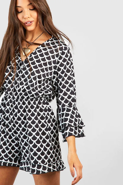 Geo Print Frill Detail Playsuit Black