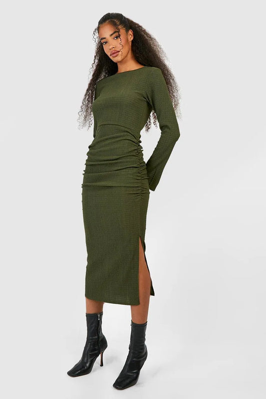 Khaki Textured Rouched Midaxi Dress