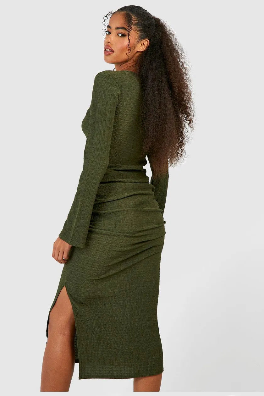 Khaki Textured Rouched Midaxi Dress