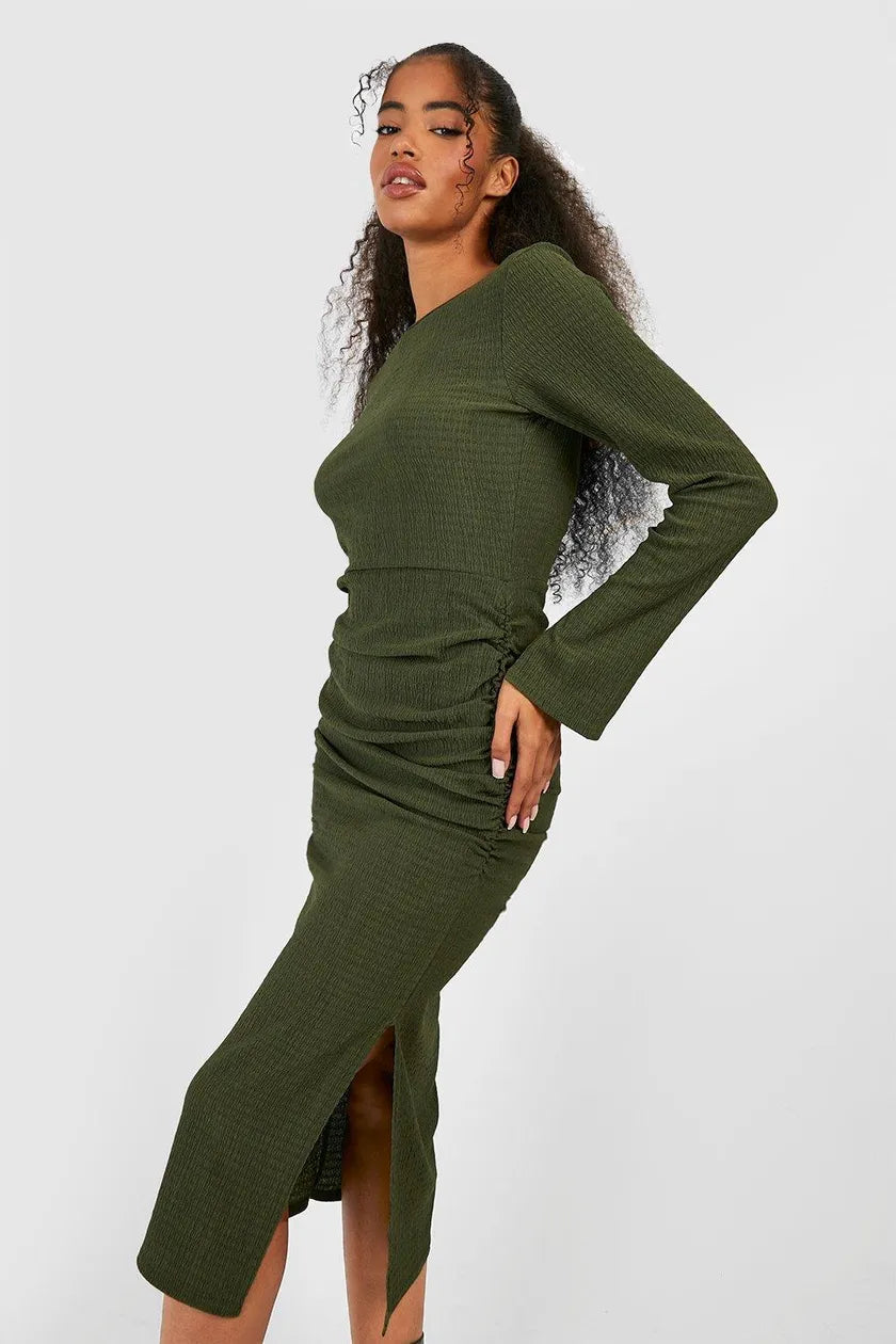 Khaki Textured Rouched Midaxi Dress