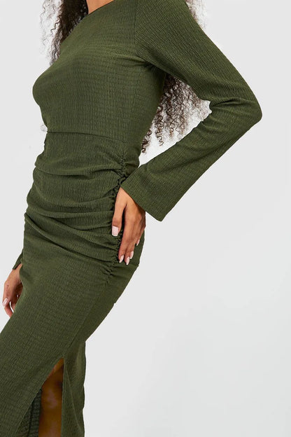 Khaki Textured Rouched Midaxi Dress