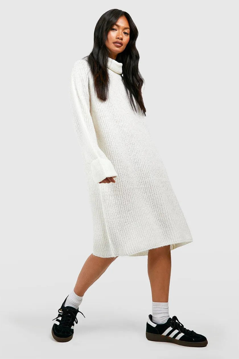 Turn Up Cuff Roll Neck Mini Jumper Dress Ecru