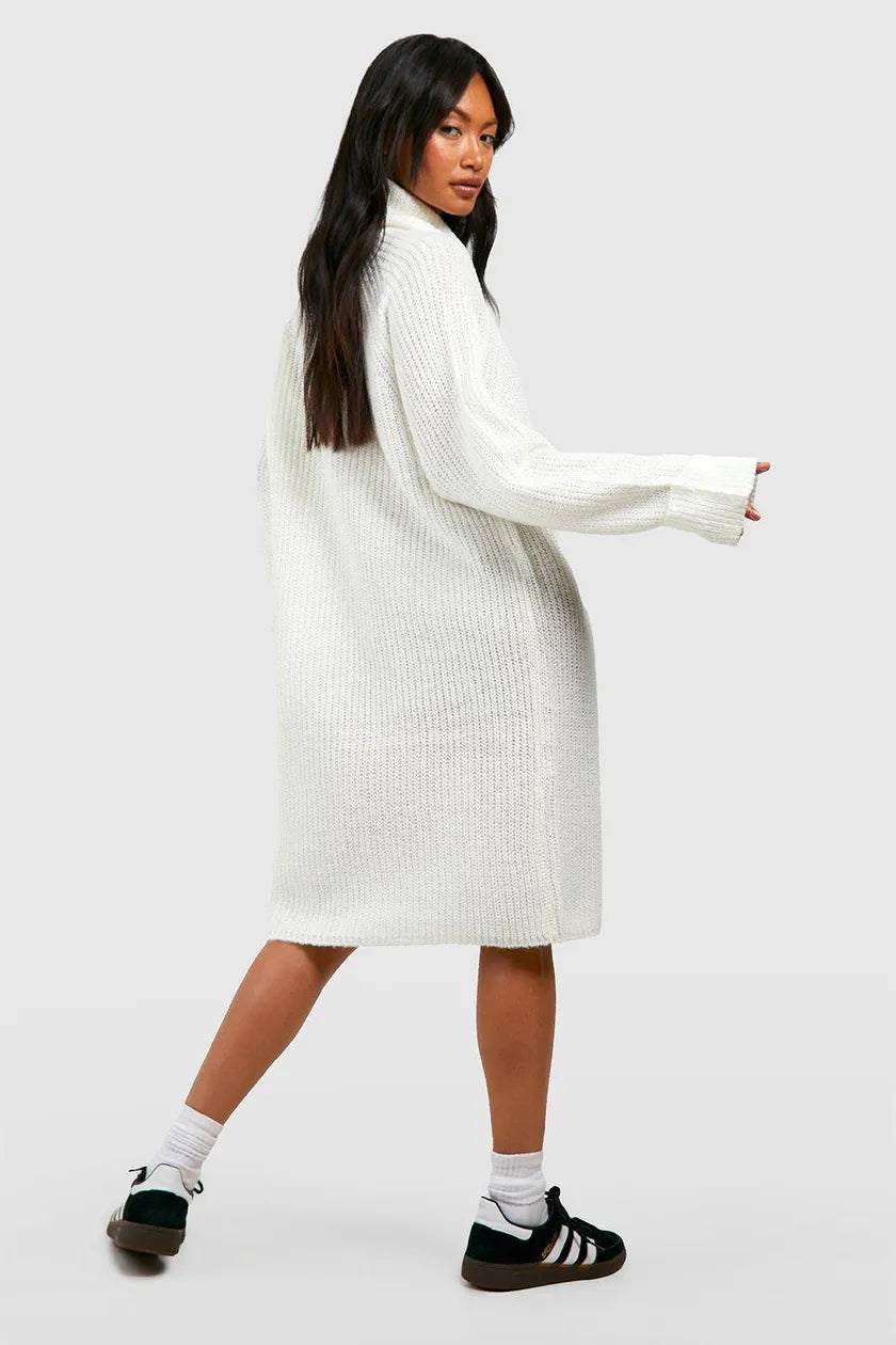 Turn Up Cuff Roll Neck Mini Jumper Dress Ecru