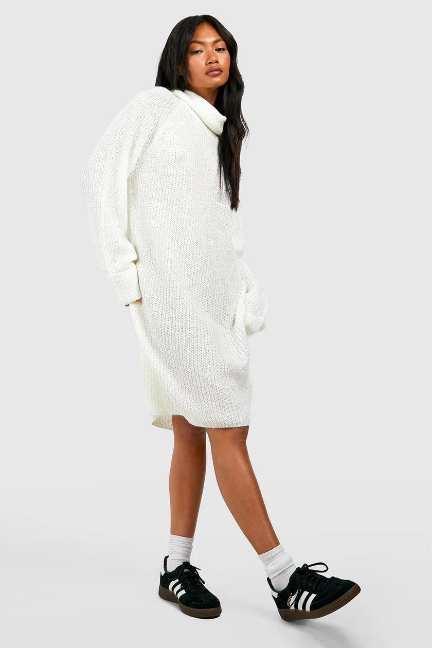 Turn Up Cuff Roll Neck Mini Jumper Dress Ecru