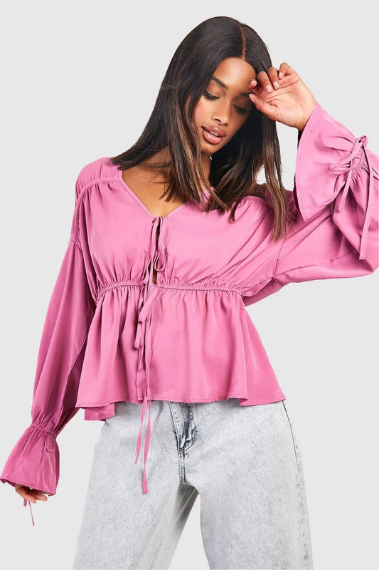 Tie Front Frill Sleeve Blouse Dusty Pink