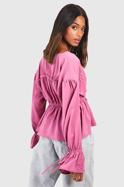 Tie Front Frill Sleeve Blouse Dusty Pink