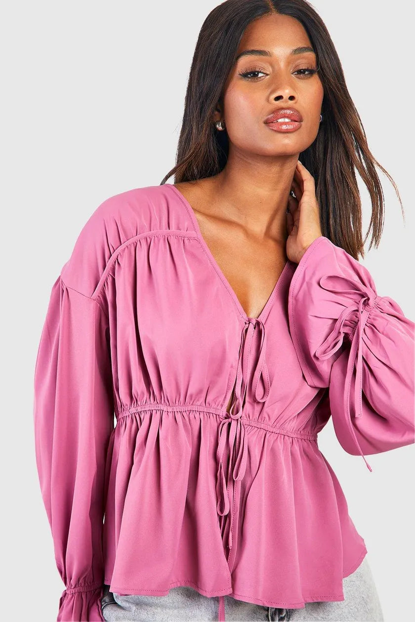 Tie Front Frill Sleeve Blouse Dusty Pink