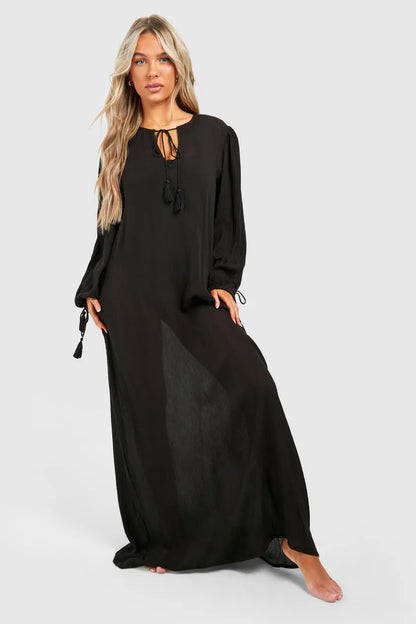 Cheesecloth Tassel Beach Maxi Kaftan Dress Black