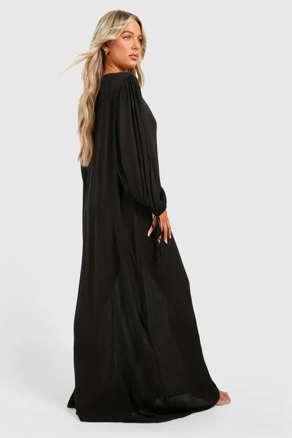 Cheesecloth Tassel Beach Maxi Kaftan Dress Black