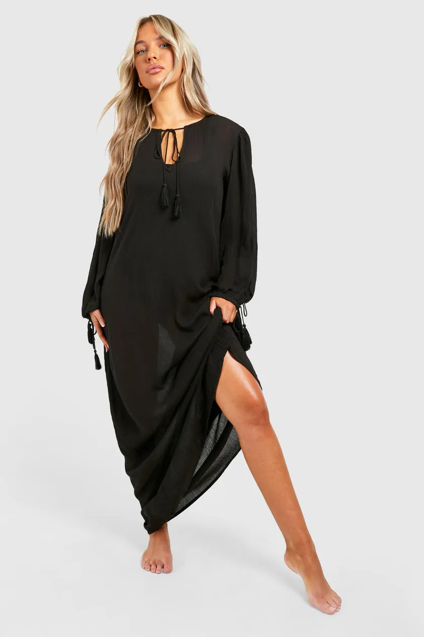 Cheesecloth Tassel Beach Maxi Kaftan Dress Black