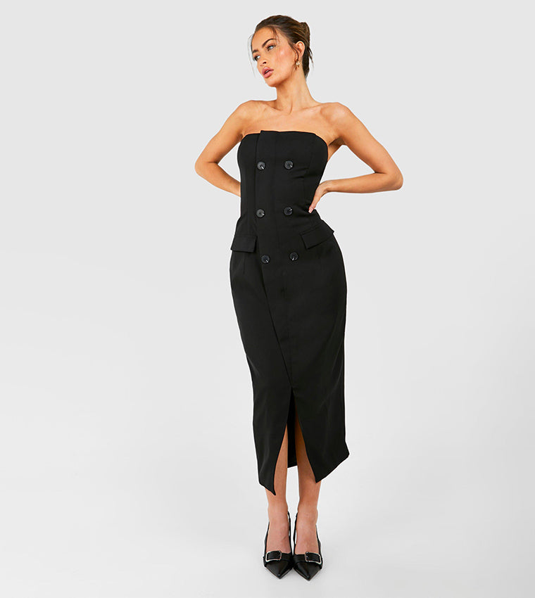 Black Bandeau Double Breasted Midi Dress