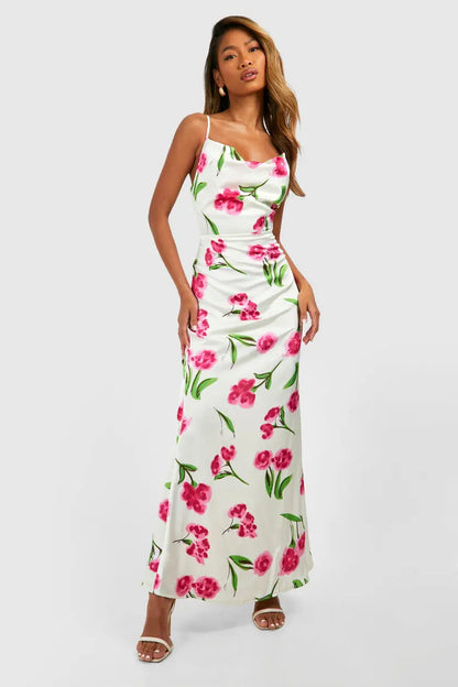 Floral Satin Midi Cowl Slip Dress